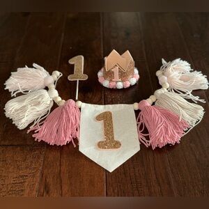 Pink, White & Gold Girls 1st Birthday Decoration Set